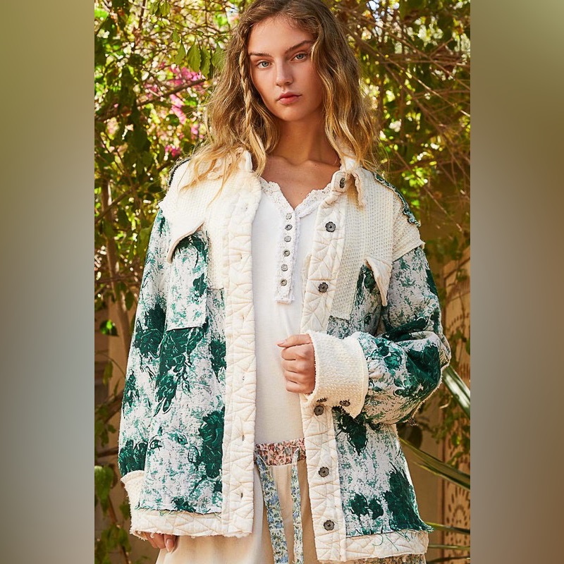Patch Quilted Jacket Cream/Green